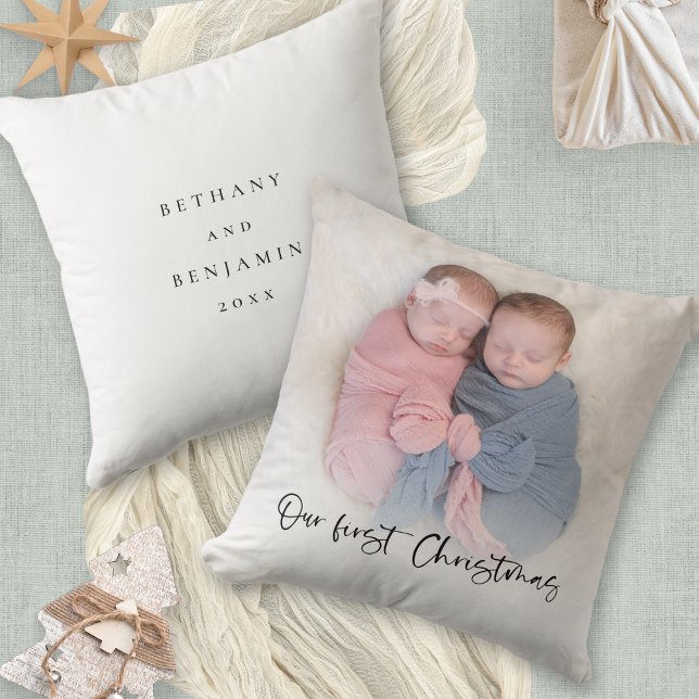 Our First Christmas Script Baby Twins Photo  Throw Pillow (Front and back view)