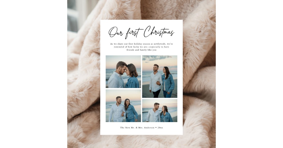 First Christmas Script Our First Christmas Script Coastal Photo Newlywed Holiday Card | Zazzle
