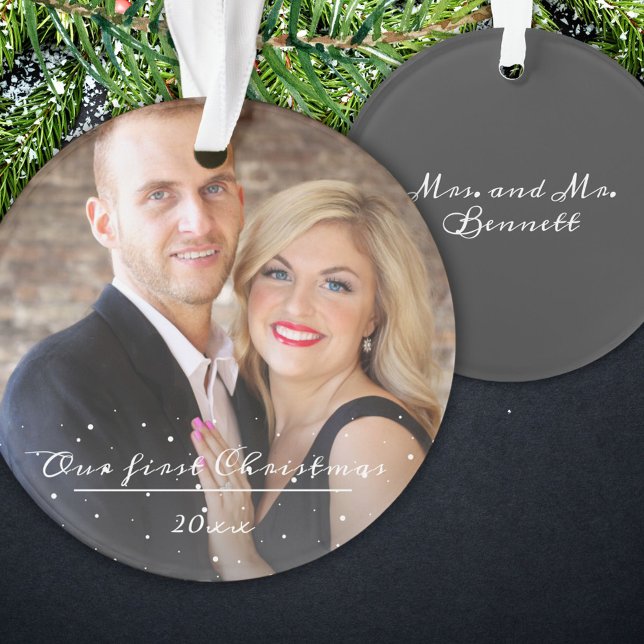 Our First Christmas Script Wedding Photo Ornament (Creator Uploaded)