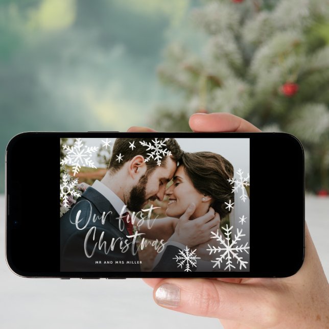 Our First Christmas Snowflake Newlywed Photo Holiday Card (Front Digital)