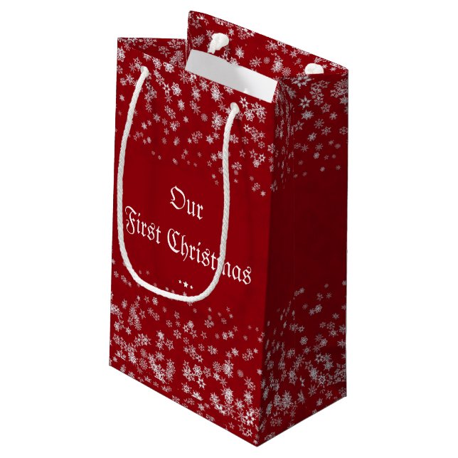 Our First Christmas Snowflakes Red Elegant Custom  Small Gift Bag (Back Angled)