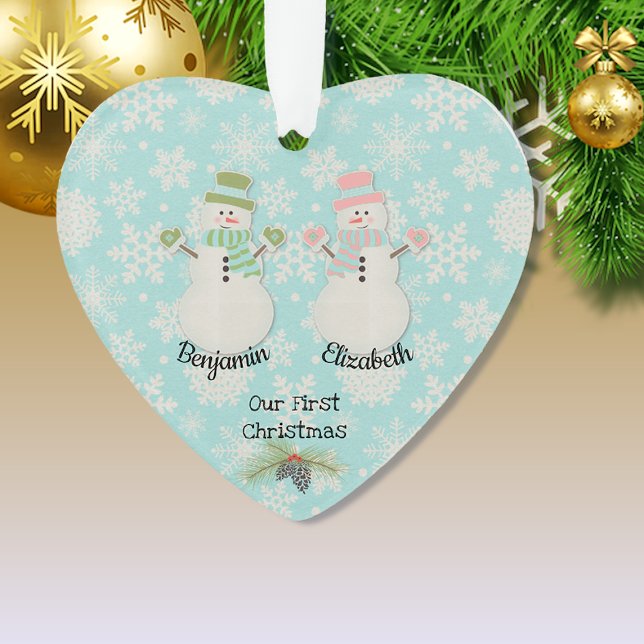 Our First Christmas Snowman Couple Heart Ornament (Creator Uploaded)
