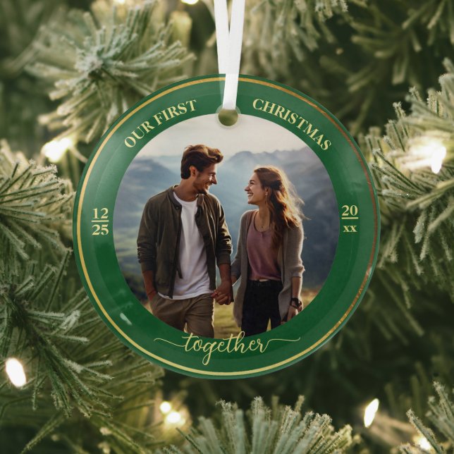 Our First Christmas Together 1 Photo Gold Frame Glass Ornament (Insitu)