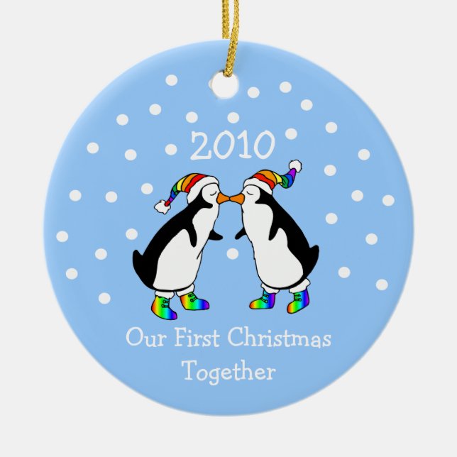 Our First Christmas Together 2010 (GLBT Penguins) Ceramic Ornament (Front)