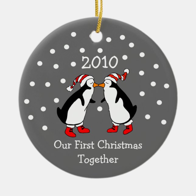 Our First Christmas Together 2010 (Penguins) Ceramic Ornament (Front)
