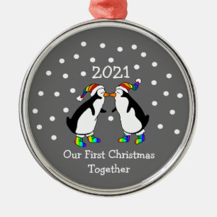 Our First Christmas Together 2021 (LGBT Penguins) Metal Ornament