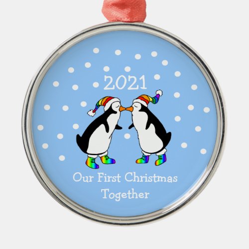 Our First Christmas Together 2021 LGBT Penguins Metal Ornament