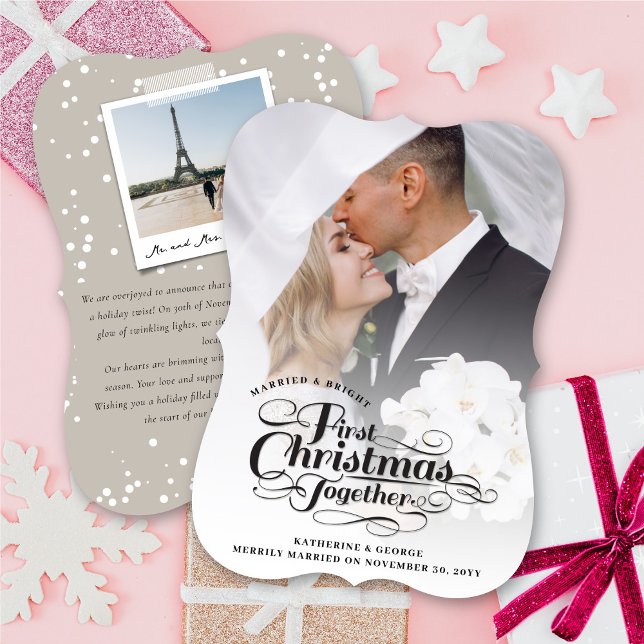 Our First Christmas Together Black Script Photo Holiday Card (Creator Uploaded)