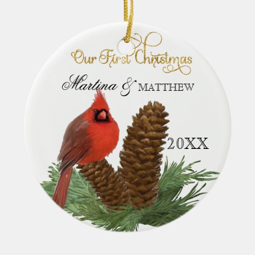 Our First Christmas Together Cardinal Pine Cones Ceramic Ornament