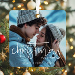 Our First Christmas Together Couple Photo Name Metal Ornament<br><div class="desc">Commemorate your love with this Our First Christmas Together Couple Photo Name Metal Square Ornament. This elegant ornament features space for your favorite couple photo and custom names, creating a beautiful keepsake to celebrate your first holiday together. Made with a modern metallic finish, it adds a timeless touch to your...</div>