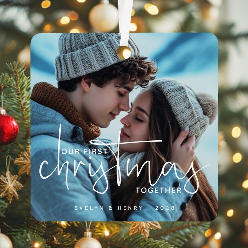 Our First Christmas Together Couple Photo Name Metal Ornament