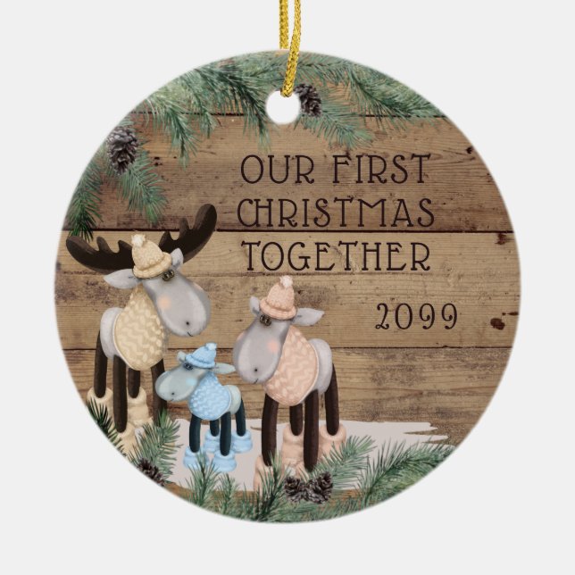OUR FIRST CHRISTMAS TOGETHER Cute Deer Family Ceramic Ornament (Front)