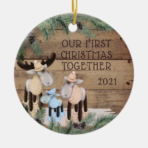 OUR FIRST CHRISTMAS TOGETHER Cute Deer Family Ceramic Ornament