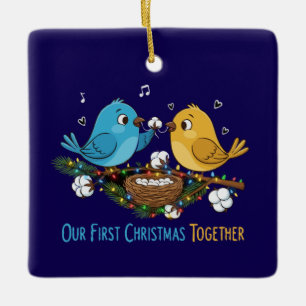 Our First Christmas Together Cute Lovebirds   Ceramic Ornament