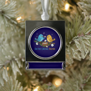 Our First Christmas Together Cute Lovebirds   Silver Plated Banner Ornament