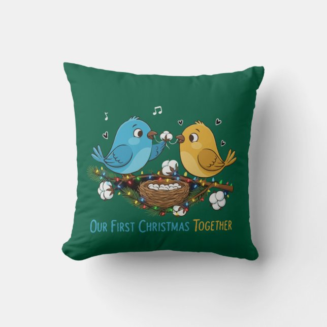Our First Christmas Together Cute Lovebirds   Throw Pillow (Front)