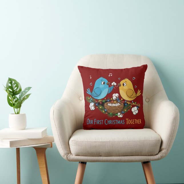 Our First Christmas Together Cute Lovebirds   Throw Pillow (Chair)