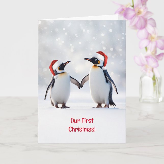 Our First Christmas Together Cute Pair of Penguins Card (Orchid)