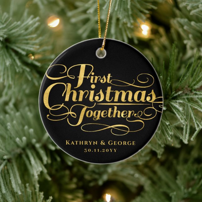 Our First Christmas Together Golden Script Photo Ceramic Ornament (Tree)