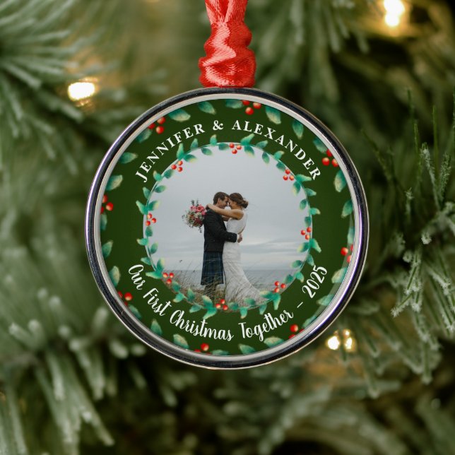 Our first christmas together holly photo metal ornament (Tree)