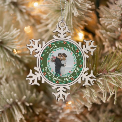 Our first christmas together holly photo snowflake pewter christmas ornament