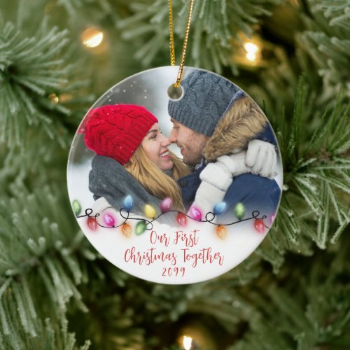 Our First Christmas Together Lights 2 Photos Ceramic Ornament