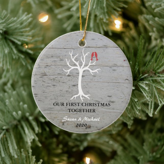 Our first Christmas together love birds tree Ceramic Ornament (Tree)