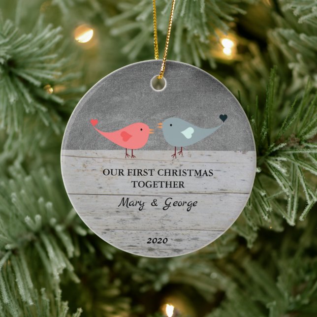 Our first Christmas together love birds wood Ceramic Ornament (Tree)