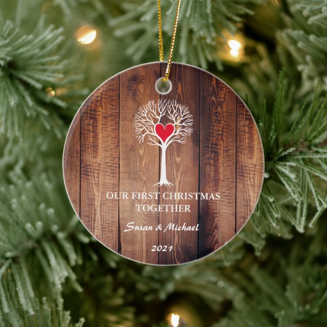 Our first Christmas together love tree rustic wood Ceramic Ornament (Tree)