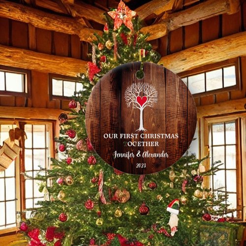 Our first Christmas together love tree rustic wood Ceramic Ornament