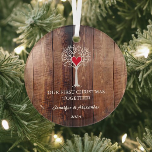Our first Christmas together love tree rustic wood Glass Ornament