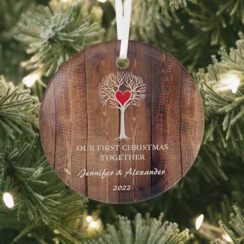 Our first Christmas together love tree rustic wood Glass Ornament