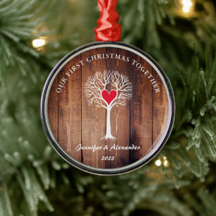Our first Christmas together love tree rustic wood Metal Ornament