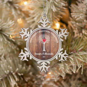 Our first Christmas together love tree rustic wood Snowflake Pewter Christmas Ornament