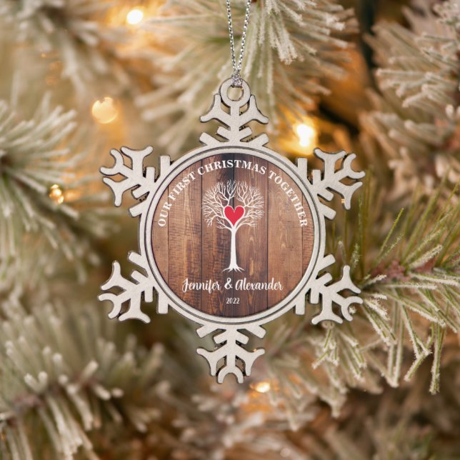 Our first Christmas together love tree rustic wood Snowflake Pewter Christmas Ornament (Tree)