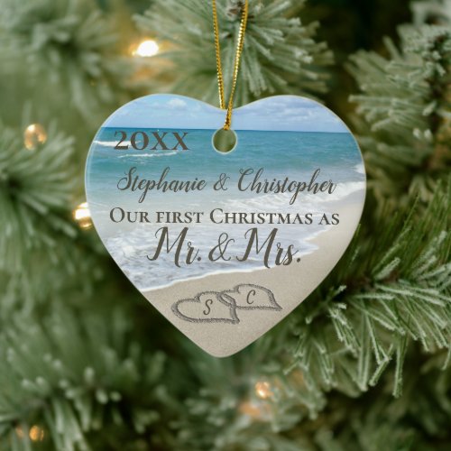 Our First Christmas Together Mr Mrs Beach Wedding Ceramic Ornament