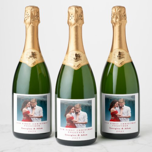 Our First Christmas Together Personalized Photo Sparkling Wine Label