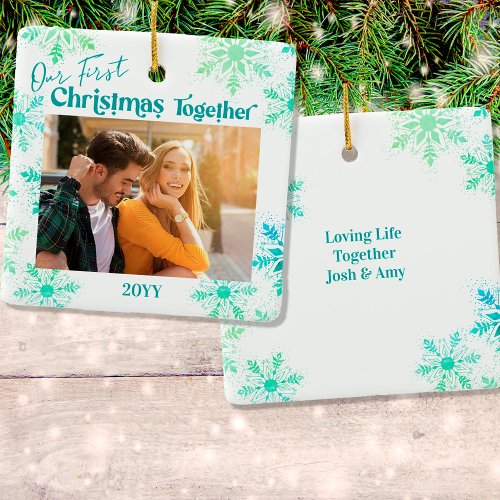 Our First Christmas Together Photo Green Snowflake Ceramic Ornament