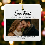 Our First Christmas Together Photo Minimal Modern Ceramic Ornament<br><div class="desc">Celebrate your love story with this minimalist ceramic ornament, featuring the phrase “Our First Christmas Together 2025.” Designed with clean modern typography and your favorite photo, it’s a timeless keepsake that adds elegance to any holiday tree. Perfect as a thoughtful gift for couples or as a cherished memory of your...</div>