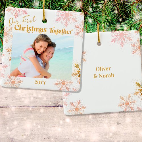 Our First Christmas Together Photo Pink Gold Ceramic Ornament