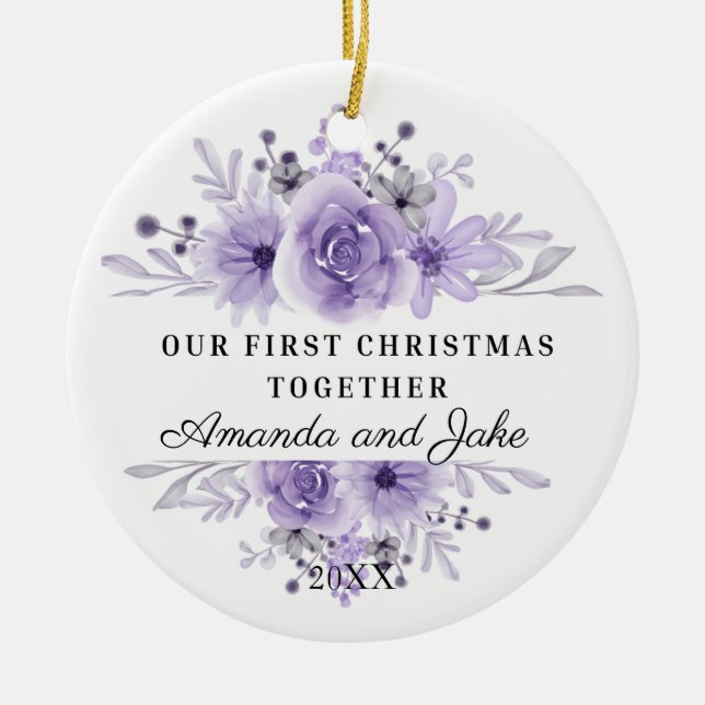 Our First Christmas Together Purple Floral Ceramic Ornament (Front)