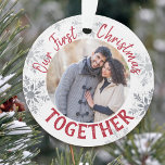 Our First Christmas Together Red and Silver Photo Ornament<br><div class="desc">Our First Christmas Together custom photo ornament,  with red typography and silver snowflakes. The photo template is set up for you to add one of your favorite pictures and you can also add your names and the year on the back.</div>