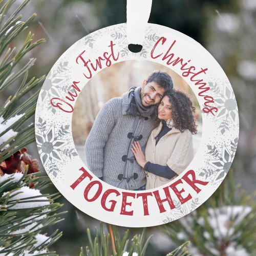 Our First Christmas Together Red and Silver Photo Ornament