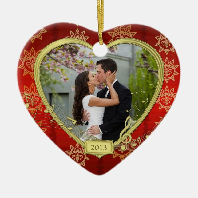 Our First Christmas Together Red Gold Photo Xmas Ceramic Ornament (Front)