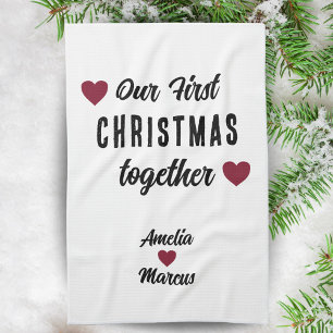 Our First Christmas Together Red Hearts  Kitchen Towel