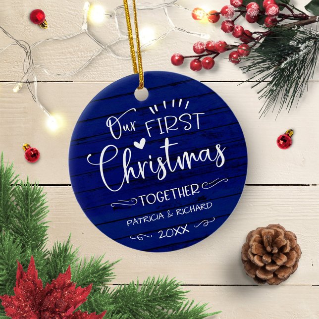 Our First Christmas Together Rustic Farmhouse Blue Ceramic Ornament (Creator Uploaded)