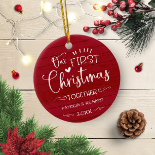 Our First Christmas Together Rustic Farmhouse Red Ceramic Ornament