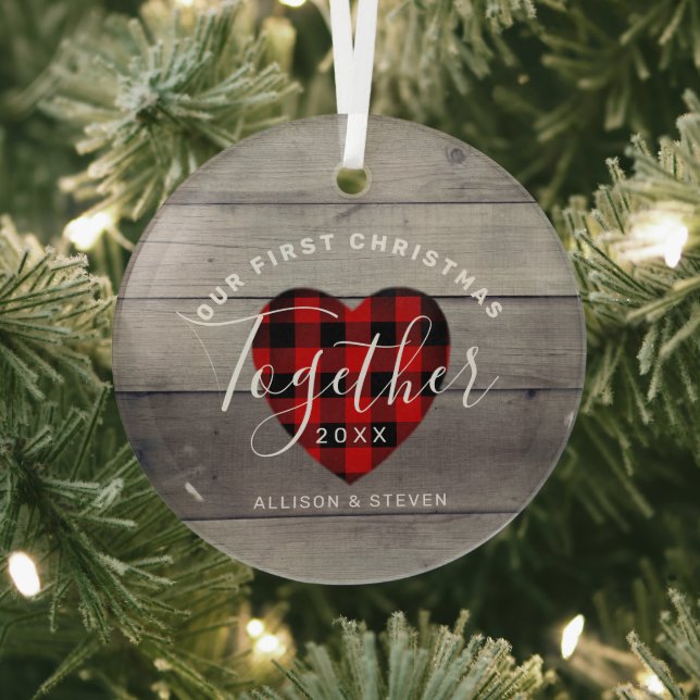 Our First Christmas Together Rustic Personalized Glass Ornament (Insitu)