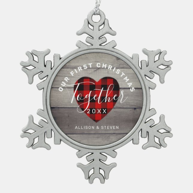 Our First Christmas Together Rustic Personalized Snowflake Pewter Christmas Ornament (Front)