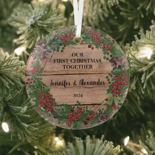 Our first Christmas together rustic wood berries Glass Ornament